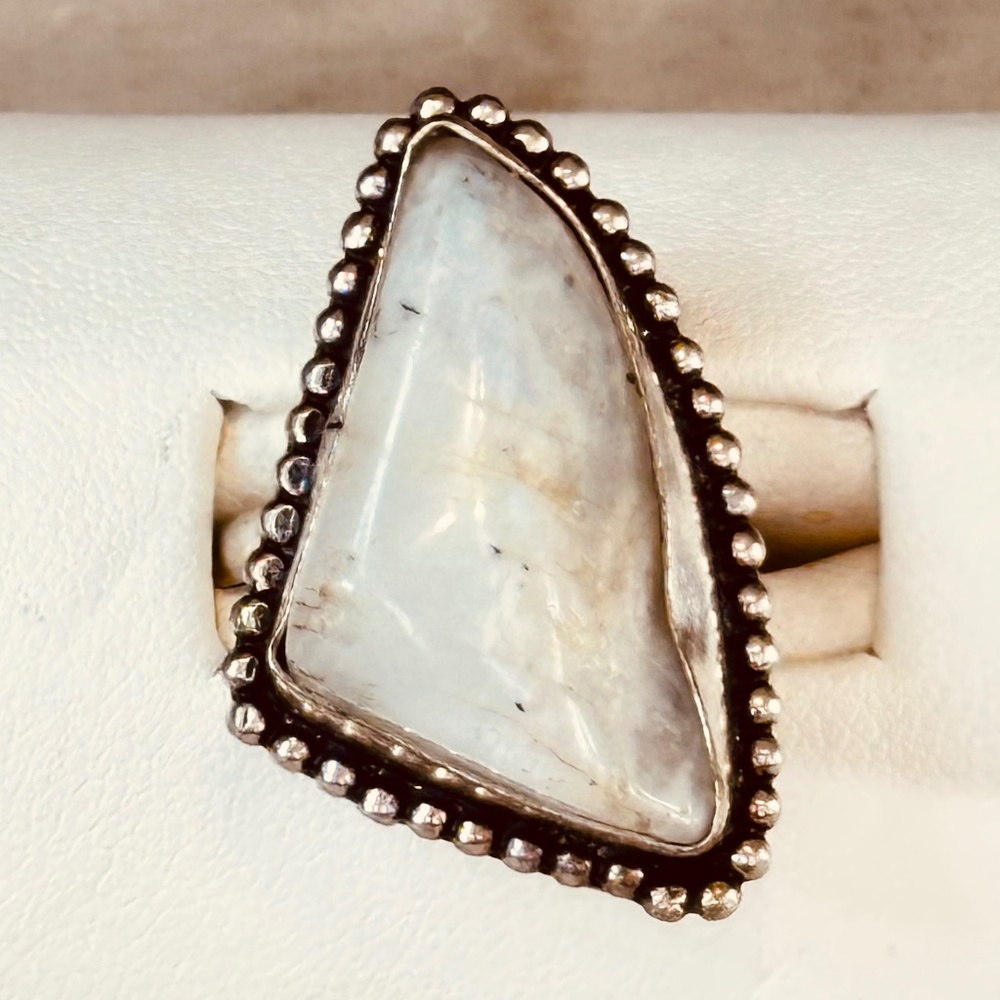 Handmade Rainbow Moonstone Ring Triangular Cabochon Artisan Boho Statement Sz 9